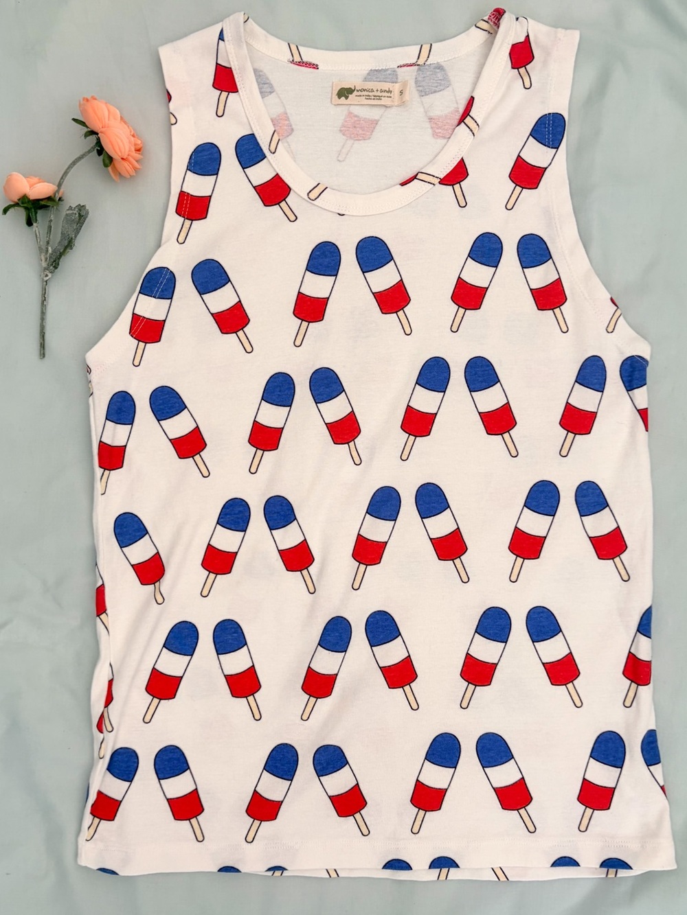Monica +Andy Red White Blue Popsicle Print Tank Top Organic Cotton Size S Summer